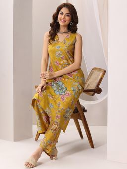 Libas - Mustard Floral Printed Straight Kurta with Pant (Set of 2)
