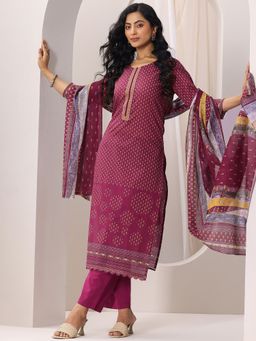 Libas - Wine Floral Printed Straight Kurta with Pant and Dupatta