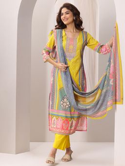 Libas - Yellow Printed Embroidered Straight Kurta with Pant and Dupatta (Set of 3)