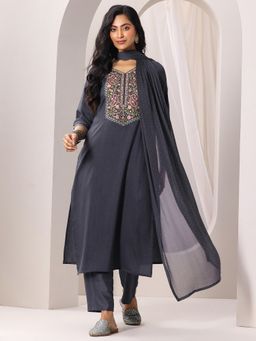 Gerua By Libas - Grey Floral Embroidered Straight Kurta with Pant and Dupatta (Set of 3)