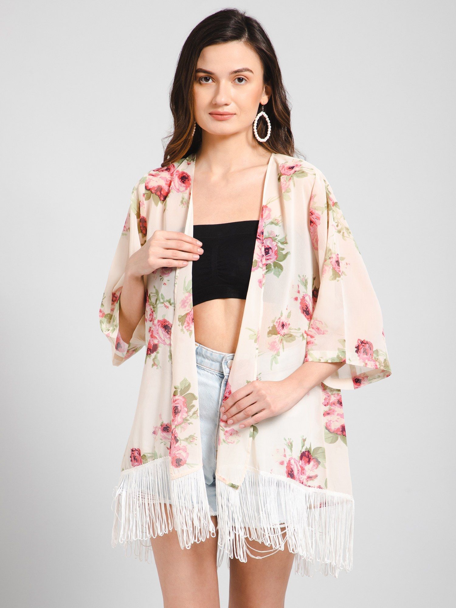 purys Printed Floral Off White Fringe Kimono Shrug-picture-43