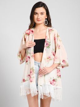 PURYS - Printed Floral Off White Fringe Kimono Shrug