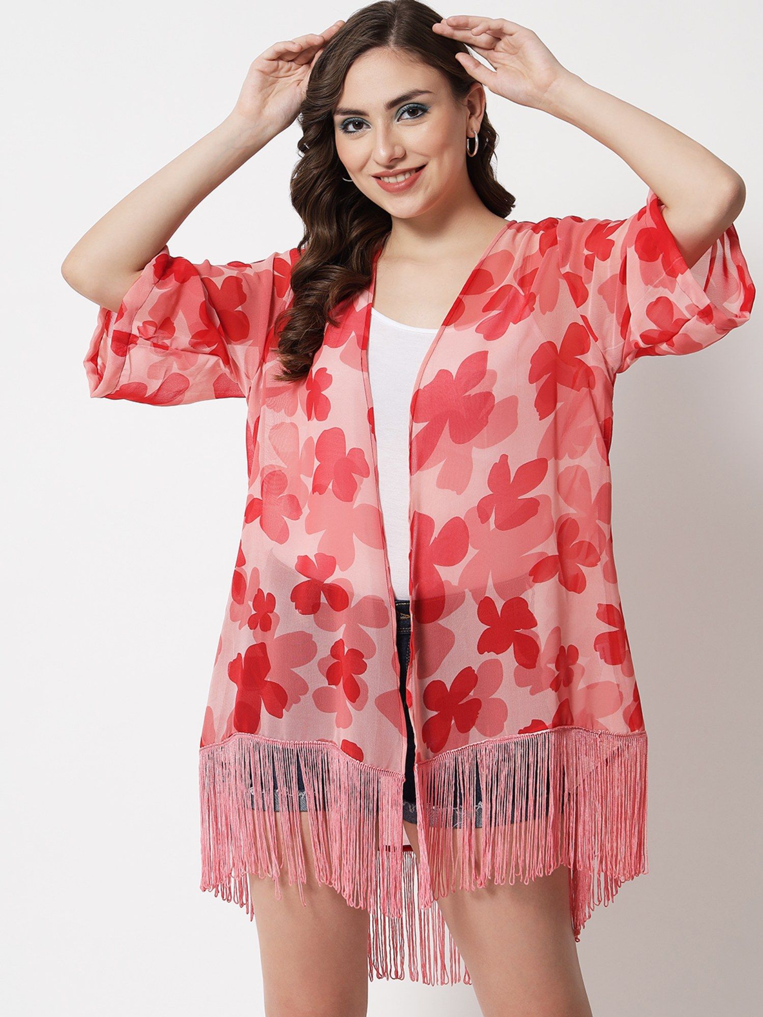 purys Floral Printed Pink Fringe Kimono Shrug-picture-43