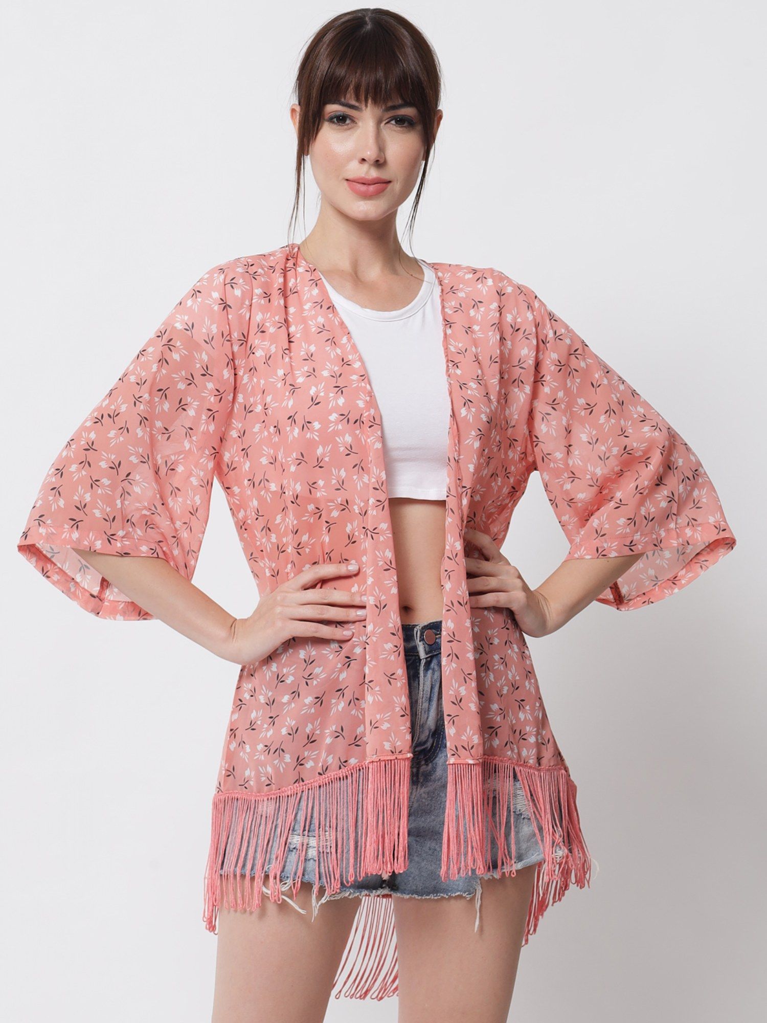 purys Floral Print Pink Fringe Kimono Shrug-picture-16