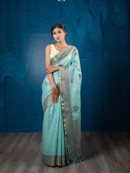 EXCLUSIVA - Blue Soft Linen and Tissue Silk Saree with Unstitched Blouse