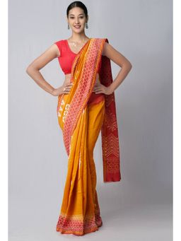 Unnati Silks - Mustard Pure Hand Block Printed Sico Saree with Unstitched Blouse