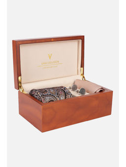 Van Heusen - Men Embroidered Peach Tie with Pocket Square & Cufflinks