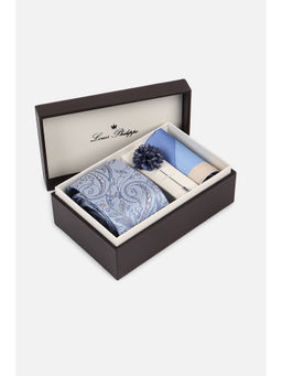 Louis Philippe - Men Embroidered Blue Tie with Pocket Square & Lapel Pin