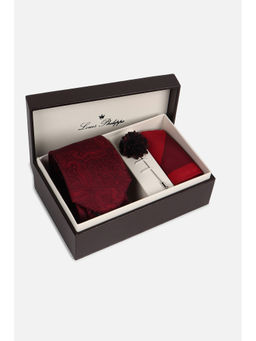 Louis Philippe - Men Printed Maroon Tie with Pocket Square & Lapel Pin