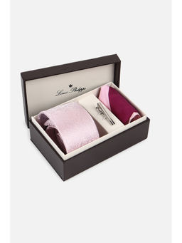 Louis Philippe - Men Embroidered Pink Tie with Pocket Square & Lapel Pin