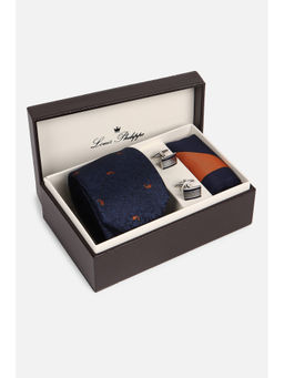 Louis Philippe - Men Printed Navy Blue Tie with Pocket Square & Cufflinks