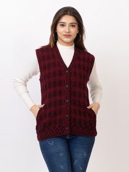 TWENTY ME - Casual Outdoor Wear Acrylic Blend V Neck Embroidered Sleeveless Maroon Cardigan
