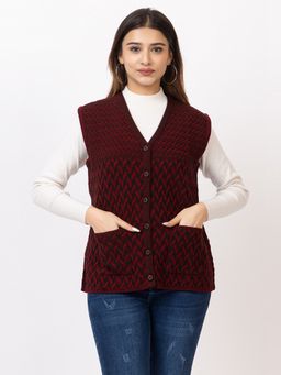 TWENTY ME - Women Acrylic Maroon Sleeveless V-Neck Cardigan