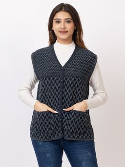 TWENTY ME - Women Acrylic Navy Blue Sleeveless V-Neck Cardigan