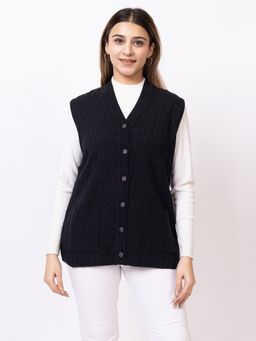 TWENTY ME - Women Acrylic Black Sleeveless V-Neck Cardigan