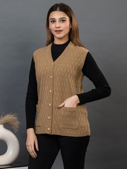 TWENTY ME - Women Acrylic Brown Sleeveless V-Neck Cardigan