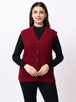 TWENTY ME - Women Acrylic Maroon Sleeveless V-Neck Cardigan