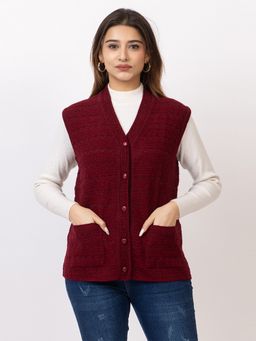 TWENTY ME - Women Acrylic Maroon Sleeveless V-Neck Cardigan