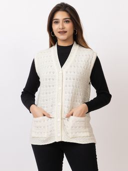 TWENTY ME - Women Acrylic Off White Sleeveless V-Neck Cardigan