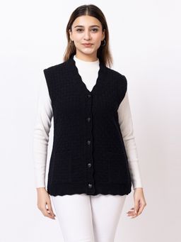 TWENTY ME - Women Acrylic Black Sleeveless V-Neck Cardigan