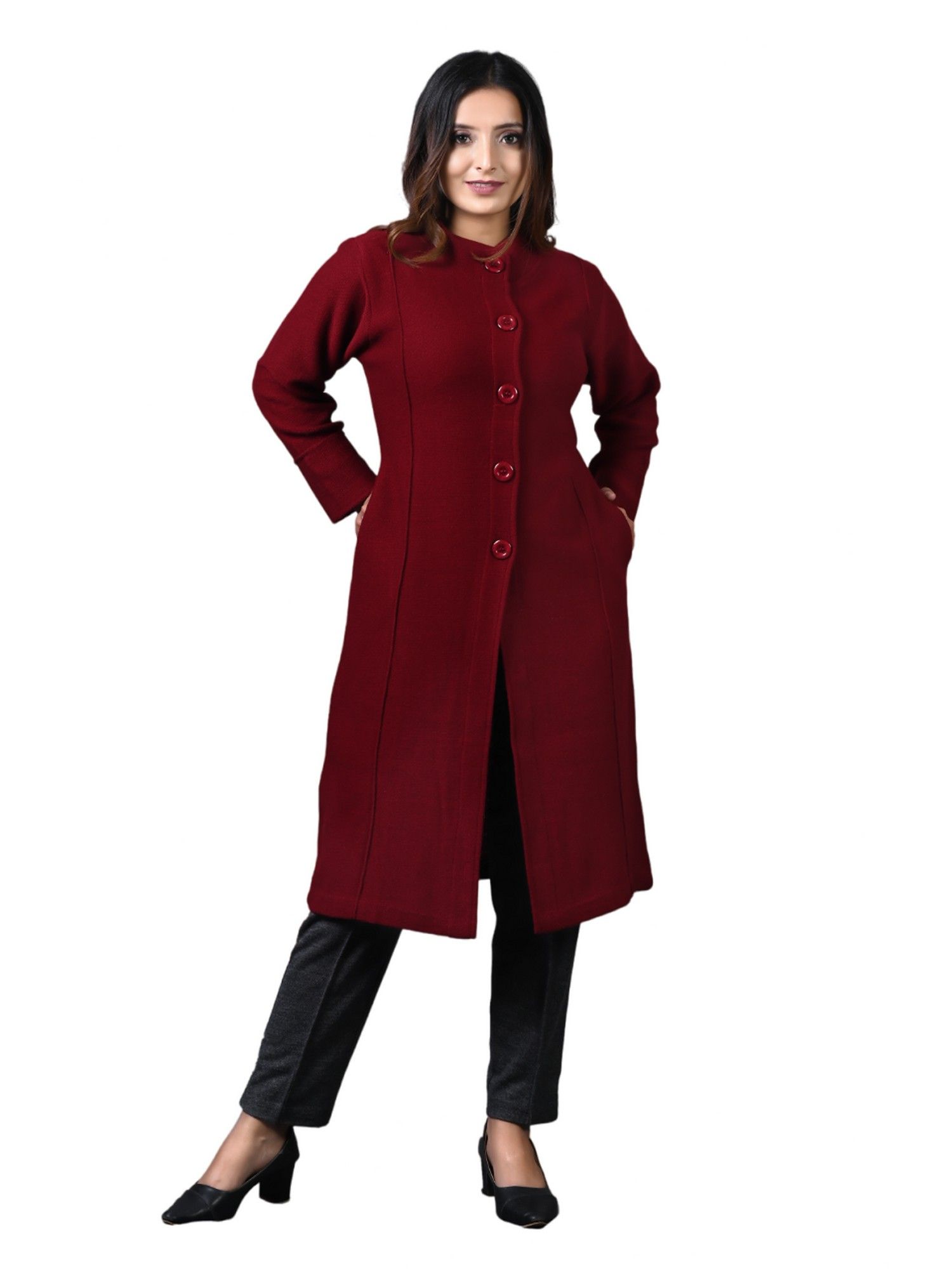 Casual Acrylic Maroon Wool Full Sleeve Women Long Cardigan with Pockets-image-40