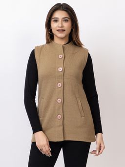 TWENTY ME - Women Wool Blend Brown Sleeveless Round Neck Cardigan
