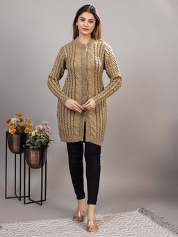 TWENTY ME - Casual Acrylic Wool Full Sleeve Brown Women Long Cardigan with Pocket