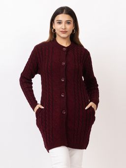 TWENTY ME - Casual Acrylic Wool Full Sleeve Maroon Women Long Cardigan with Pocket