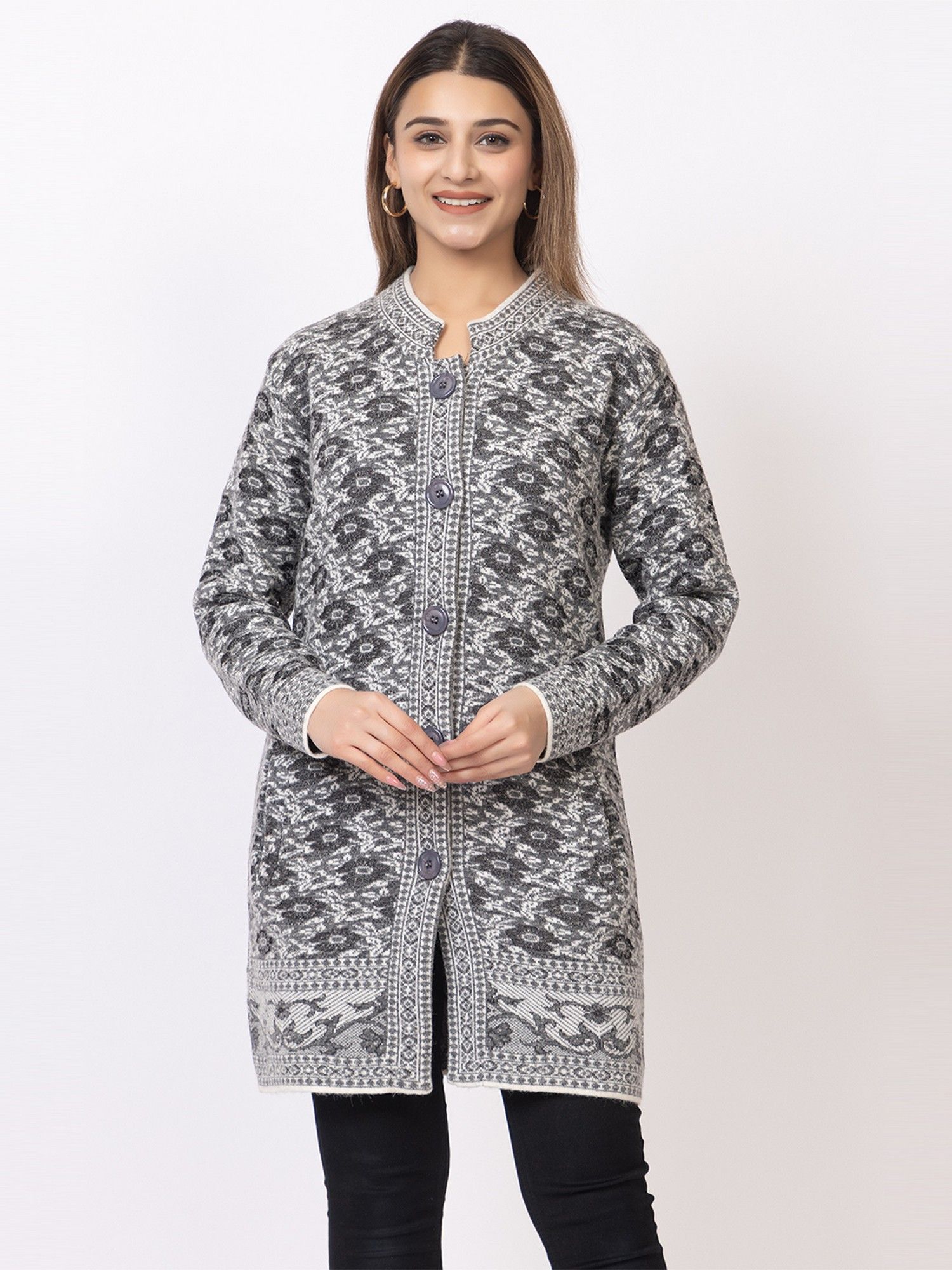 Grey Soft and Warm Self Design Full Sleeve Acrylic Blend Women Cardigan Sweater-image-11