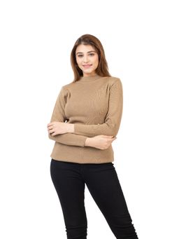 TWENTY ME - Casual Solid Acrylic Soft and Warm High Women Neck Beige Sweater