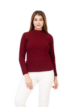 TWENTY ME - Casual Solid Acrylic Soft and Warm High Neck Maroon Sweater