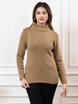 TWENTY ME - Brown Casual Solid Acrylic Soft and Warm Skivvy Cardigan