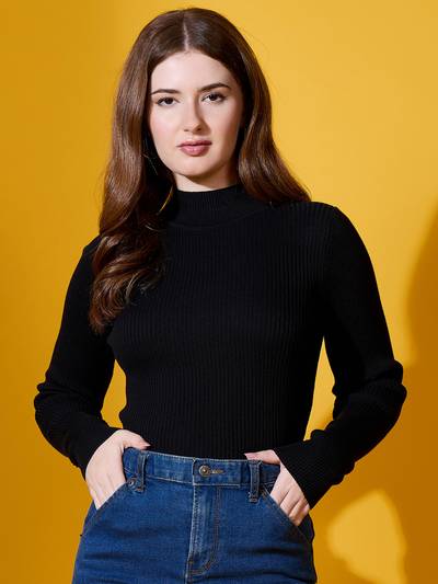 Black Women High Neck Black Sweater