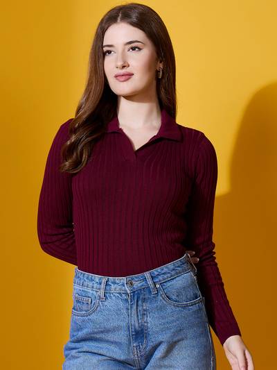 Maroon Women Spread Collar Sweater