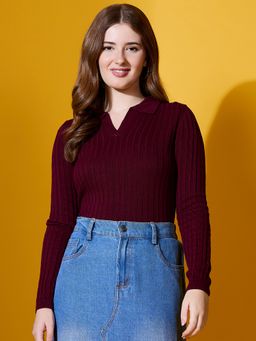 98 Degree North - Maroon Women Maroon Spread Collar Sweater