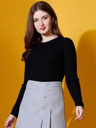 Black Women Round Neck Sweater