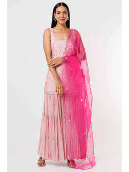 MEHAK MURPANA - Rose Pink Short Kurta and Sharara with Hot Pink Dupatta (Set of 3)