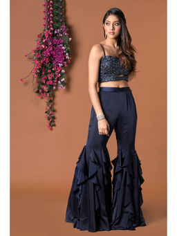 MEHAK MURPANA - Navy Blue Crop Top with Ruffle Sharara (Set of 2)