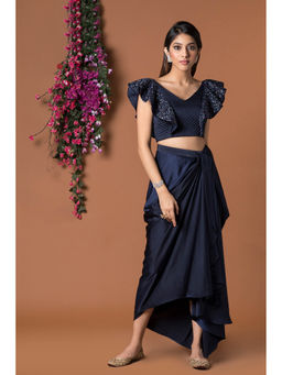 MEHAK MURPANA - Navy Blue Crop Top with Draped Skirt (Set of 2)