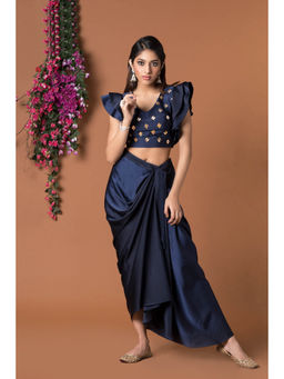 MEHAK MURPANA - Navy Blue Crop Top with Draped Skirt (Set of 2)