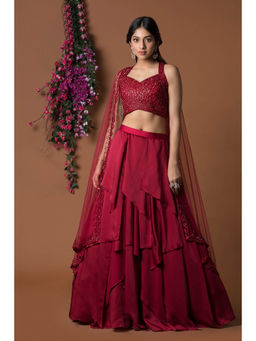 MEHAK MURPANA - Red Lehenga with Blouse and Dupatta (Set of 3)