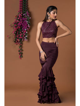 MEHAK MURPANA - Wine Crop Top with Ruffle Skirt (Set of 2)