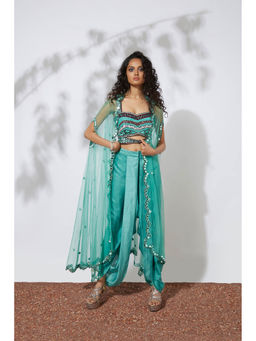 MEHAK MURPANA - Aqua Dhoti Pants with Embroidered Choli & Net Cape (Set of 3)