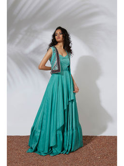 MEHAK MURPANA - Aqua Asymmetrical Gown with Embroidered Crop Jacket (Set of 2)