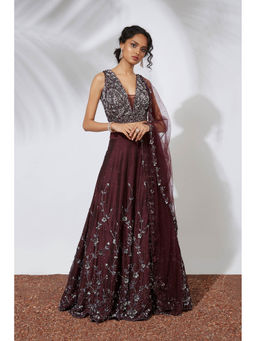 MEHAK MURPANA - Wine 3D Rose Embroidered Lehenga Choli and Dupatta (Set of 3)