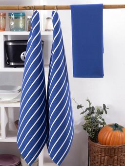 Maspar - Celtic Russel Cotton Print And Solid Blue 3Pc Kitchen Towel Set