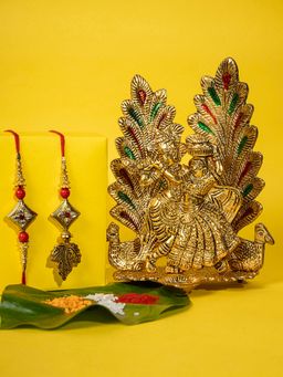 PANASH - Gold-Plated Kundan Thread Rakhi with Radha Krishna & Roli Chawal (Set of 5)