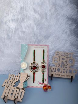 PANASH - Gold-Plated Stone-Studded Thread Rakhi with Roli Chawal & Gift Stand (Set of 6)
