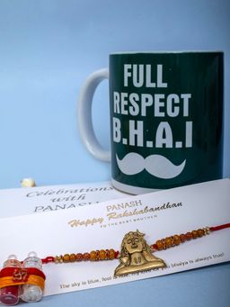 PANASH - Gold-Plated Shiv Adiyogi Thread Rakhi With Mug & Roli Chawal (Set of 4)