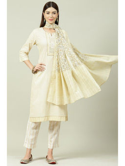 Biba - Beige Cotton Unstitched Suit (Set of 3)